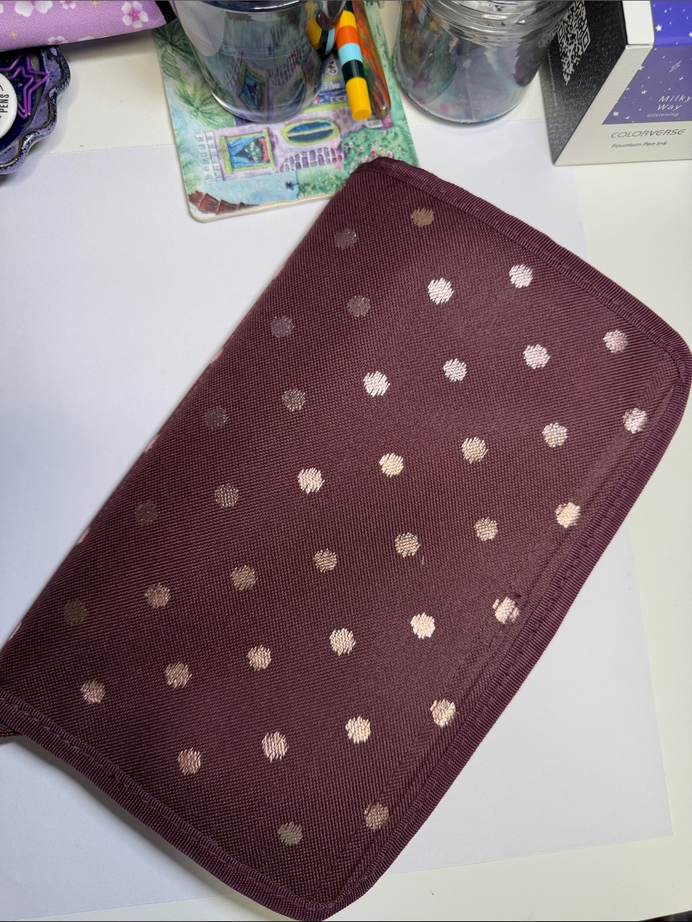 Thirty One Plum Polka Dot Zip Pouch for brushes or craft supplies